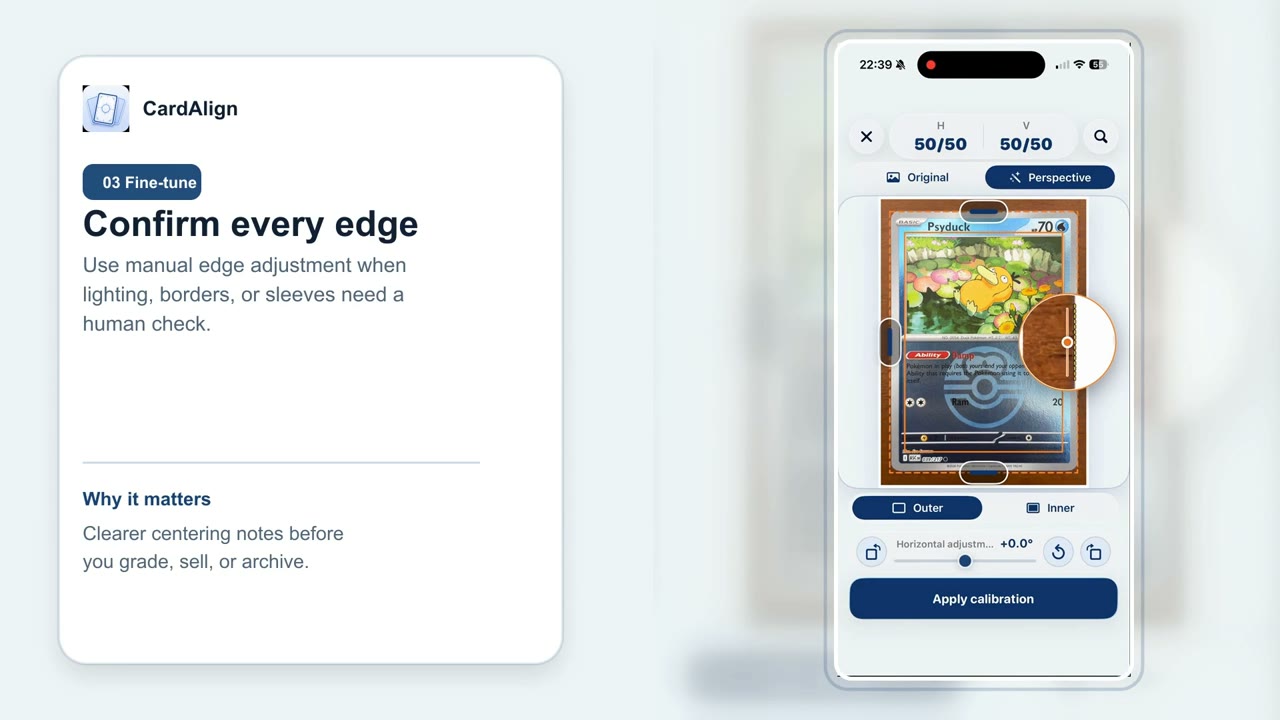 CardAlign capture workflow with a trading card placed inside a camera guide