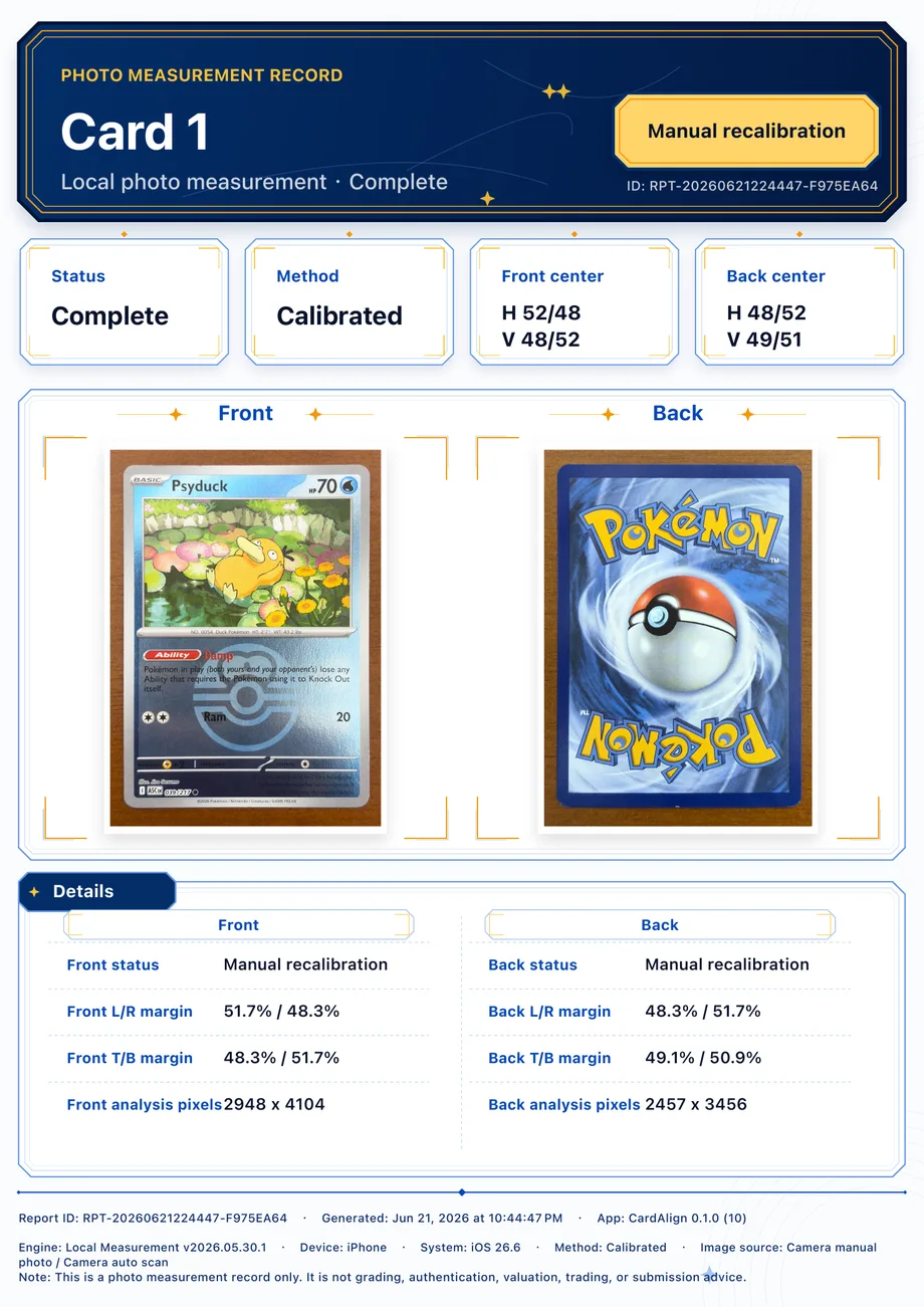 CardAlign report preview with card measurements and review context